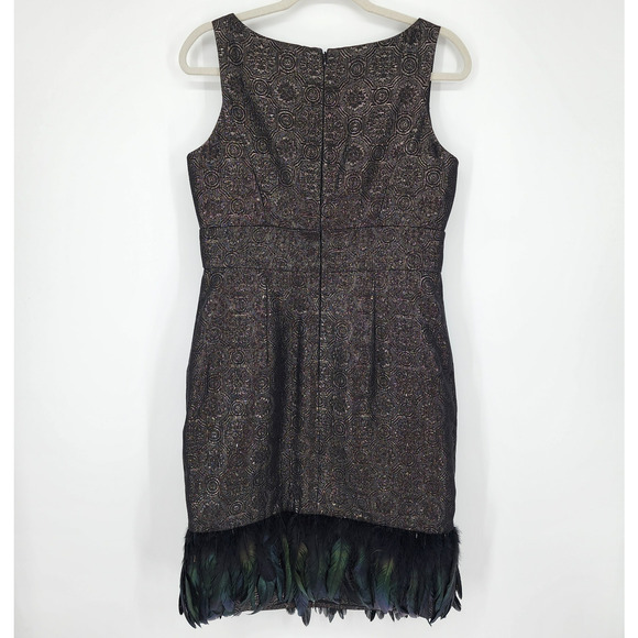 Badgley Mischka Feather Hem Cocktail Dress 10 Metallic Brocade Sleeveless Black - Picture 2 of 11